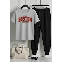 Uyguntarz Unisex Boston Tasarım Baskılı Tişört - 2'li Eşofman Takımı Gri