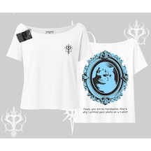Tarzsokak Çerçeveli Kedi Baskılı Kayık Yaka Tshirt Beyaz