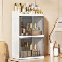 Willowhaven Cream Transparent 3 Katlı Büyük Kapasiteli Katlanır Makyaj Organizatörü Krem + Şeffaf