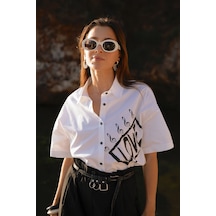 Kadın Kısa Kollu Baskı Detaylı Gömlek Frn6005 Beyaz Kadın Kısa Kollu Baskı Detaylı Gömlek Frn6005 Beyaz