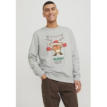 Jack & Jones Yılbaşı Temalı Baskılı Sweatshirt - Xmas 12247523 Light Grey Melange Yeşil
