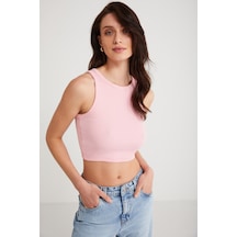 Ethıquet Joyce Kadın Slim Fit Dar Kalıp Sıfır Kol Bisiklet Yaka Örme Crop Pembe Atlet