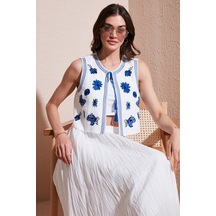Lela Astarlı Nakış Işlemeli Standart Fit Bağlamalı Yuvarlak Yaka Crop Bayan Yelek 611Yl128 Ekru