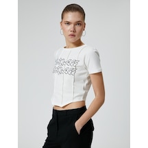 Koton Crop Tişört Asimetrik Kesim Baskılı Kısa Kollu Bisiklet Yaka Pamuklu Ekru 4sal10138ık 4SAL10138IK010 Ekru