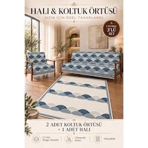 3 Lü Set 2 Adet 165x215 Cm Koltuk Örtüsü + 1 Adet 6m2 180x280 Cm Kaymaz Taban Dijital Baskılı Halı lacivert