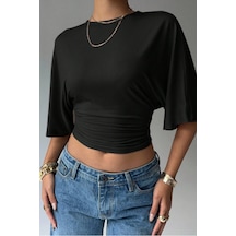 Cool Tarz Kadın Siyah Crop Bluz Yarım Kol Salaş Fit Yüksek Bel Büzgülü Basic Tişört Siyah Siyah