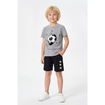 Fyk Kids Yuvarlak Yakalı Yazlık Futbol Baskı Detaylı Kaprili Erkek Çocuk Alt Üst Takım Gri