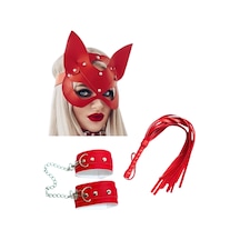Tegangold Fantezi Deri Alımlı Kırmızı Kedi Maske Kelepçe Kamçı Seti 3'lü Set Mh5367 Kırmızı