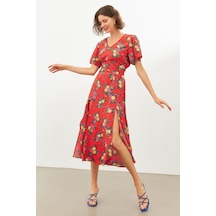 Stella Pulvis Kırmızı Yarım Kollu V Yaka Yırtmaçlı Midi Elbise