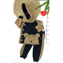 6-12-18-24 Ay Düğme Kapamalı Kapşonlu Ceket Welsoft Detaylı 2li Erkek Bebek Takımı Siyah Çok Renkli