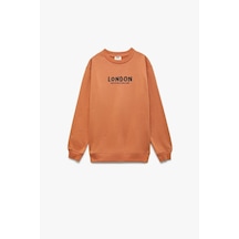 Koton Erkek Çocuk Pamuklu Uzun Kollu Bisiklet Yaka Baskılı Şardonlu Oversize Sweatshirt Kiremit