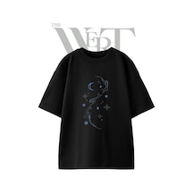 Thewert Moon Stars Flow Tasarım Baskılı Ünisex Siyah Oversize T-shirt