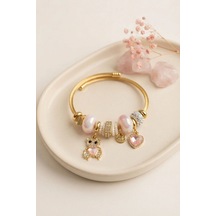 Tedy Bear Model Gold Renk Pembe Charmlı Bileklik 6446404