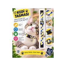 Kedi Tasması Mavi Sarı Çizgili Zilli Ayarlanabilir Boyun Tasması