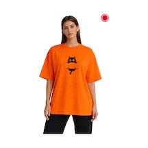 Turuncu Oversize Tişört Unisex %100 Pamuk Sevimli Kedi Baskılı Salaş Kadın Erkek T-shirt Turuncu