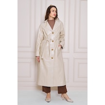 M M Marki Marki Kadın Hakiki Deri Trençkot Bej, V Yaka, Kuşaklı, Düğme Kapamalı, Oversize, 120 Cm - 117222