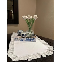 % 100 Pamuk Naturel Ham Keten Fisto Fırfırlı Oval Runner 40x110 Cm Beyaz