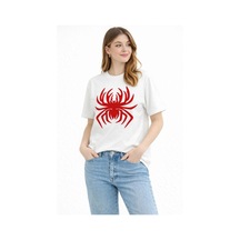 Kadın Örümcek Baskılı Tişört Kısa Kollu Bisiklet Yaka T-shirt - Beyaz Çok Renkli