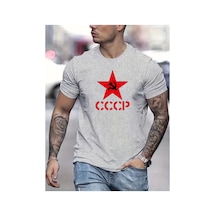 Caddemia Yaz  Moda Rahat Spor Gevşek Cccp Mektup Pentagram Baskılı Yuvarlak Boyu Gri 2XL