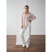 Pera Moda Oversize Çizgili Uzun Kadın Gömleği Pembe