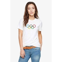 Olumpiyat Baskılı Beyaz Kadın Tshirt