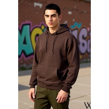 Benerly Erkek Kapüşonlu Düşük Kol Uzun Kollu Oversize Kalıp Sweatshirt Fo Koyu Kahverengi