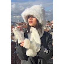 Mollycrush Suni Kürk Bucket Kalpak Atkı Eldiven 3'lü Set Kadın Kışlık Peluş Beyaz 3'lü Takım Beyaz