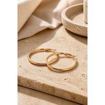 Gold Renk 36 Mm Düz Çelik Klasik Halka Küpe - Minimalist Klipsli Halka Küpe