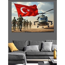 Ahşap Tablo Türk Bayraklı Askerler Ve Helikopter