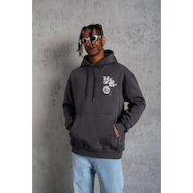 Erkek 3 İplik Pamuklu Kapüşonlu Baskılı Cepli Oversize Sweatshirt Hoodie - Füme