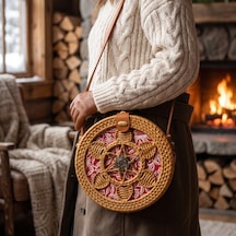 Morgen Craft Rezen Çiçek Desenli Omuz Çantası - El Yapımı - Bambu - 20x20x7,5 Cm Açık Kırmızı