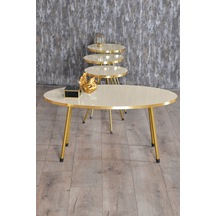 Zigon Sehpa Ve Orta Sehpa Elips Gold Metal Ayak Gold Krem Set Diğer