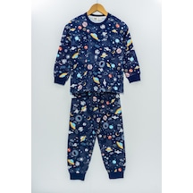 Bunny Hopp Uzay Temalı Erkek Çocuk Pijama Takımı %100 Pamuk Mevsimlik Bisiklet Yaka Manşetli Mavi - Lacivert