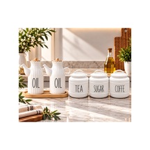 6 Parça Bambu Standlı 2 Li Porselen Yağdanlık Set 3 Lü Porselen Kavanoz Set Çeyizlik Yağlık Kavanoz Saklama Kabı Takımı Beyaz Beyaz