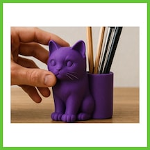 Bezos 3d Baskı Kedi Figürlü Kalemlik - Masaüstü Organizer - Mor Dmc