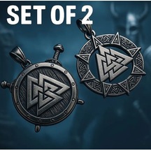 Viking Kolye Seti 2'li Valknut Sembollü Paslanmaz Çelik Erkek Kolye Gümüş
