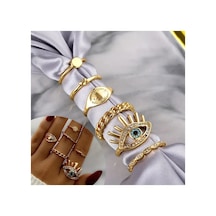Silva 6 Adet Kristal Taşlı Geometrik Tasarım Kalp Nazar Figürlü Vintage Çoklu Gold Altın Yüzük Seti