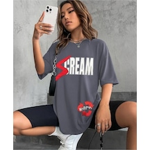 Flood Of Style Kadın Füme Cream Baskılı Bisiklet Yaka Tshirt Gri