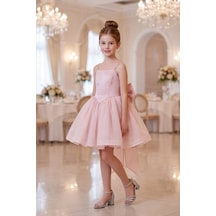 Butik Happy Kids Kız Çocuk Prenses Abiye Elbise Büyük Kurdele Detaylı Zarif Tasarım Çocuk Abiye Elbise 6-13 Yaş Pudra