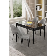 Canisa Gale Serisi 80x132 Açılabilir Lak Panel Siyah Mermer Desen Mutfak Masa Takımı 4 Gri Sandalye Masa Siyah Mermer Desen Sandalyeler Gri