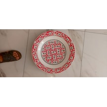 Kırmızı Ve Gri Geometrik Motifli El Yapımı Dekoratif Çini Tabak Vitrin Sergileme Parçası 1