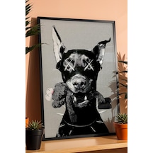 Kaws Figürlü Doberman Köpek Çerçeveli Tablo Ofis Ve Çalışma Odası İçin Güç Vurgulu Dekor Modifiye Sanat