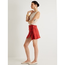 Koton Koton X Melis Ağazat - Kruvaze Mini Etek Yandan Bağlama Detaylı Dokulu Slim Fit Kiremit 4sak70197ew Kiremit
