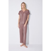 Monamise Kadın Kısa Kollu V Yakalı Dantelli Pijama Takımı 18512-kahve Kahverengi Monamise Kadın Kısa Kollu V Yakalı Dantelli Pijama Takımı 18512-kahve Kahverengi