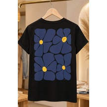 Spoyi Blue Daisy Tasarımlı %100 Pamuk Yarım Oversize Siyah T-shirt