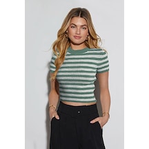 Aqe Fashion Kadın Çizgili Kısa Kol Bisiklet Yaka Camel Bluz Mint