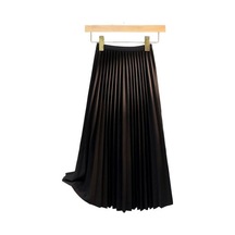 Kadın Pileli Etek Elastik Yüksek Bel A Kesim Uzun Etek Düz Renk Rahat Kumaş Çok Yönlü Etek Günlük Giyim Siyah