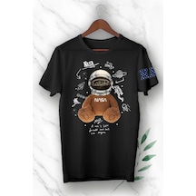 Tarzsokak Teddy Bear Nasa Tasarım Baskılı Siyah Tişört Beyaz