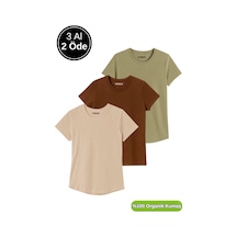 Kadın 3'lü Paket Kahverengi-haki-bej %100 Organik Pamuk Normal Kesim Tişört Bisiklet Yaka T-shirt Çok Renkli