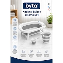 Katlanır Bebek Banyo Seti 3'lü Küvet, Kova Ve Maşrapa, Portatif Ve Yer Tasarruflu, Gri Beyaz